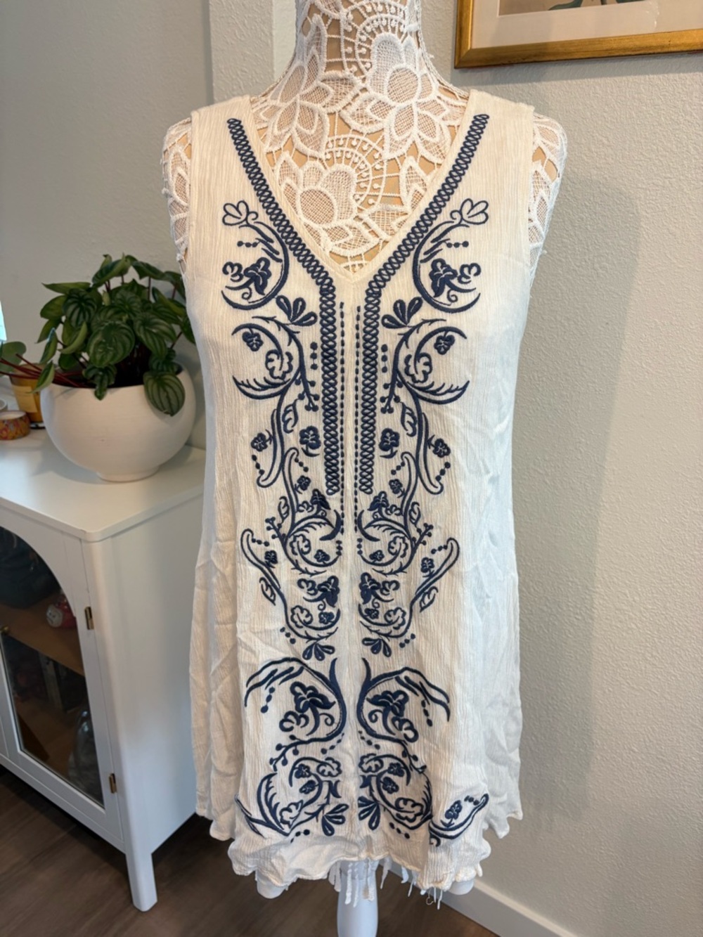 Embroidered White Crinkle Swing Dress